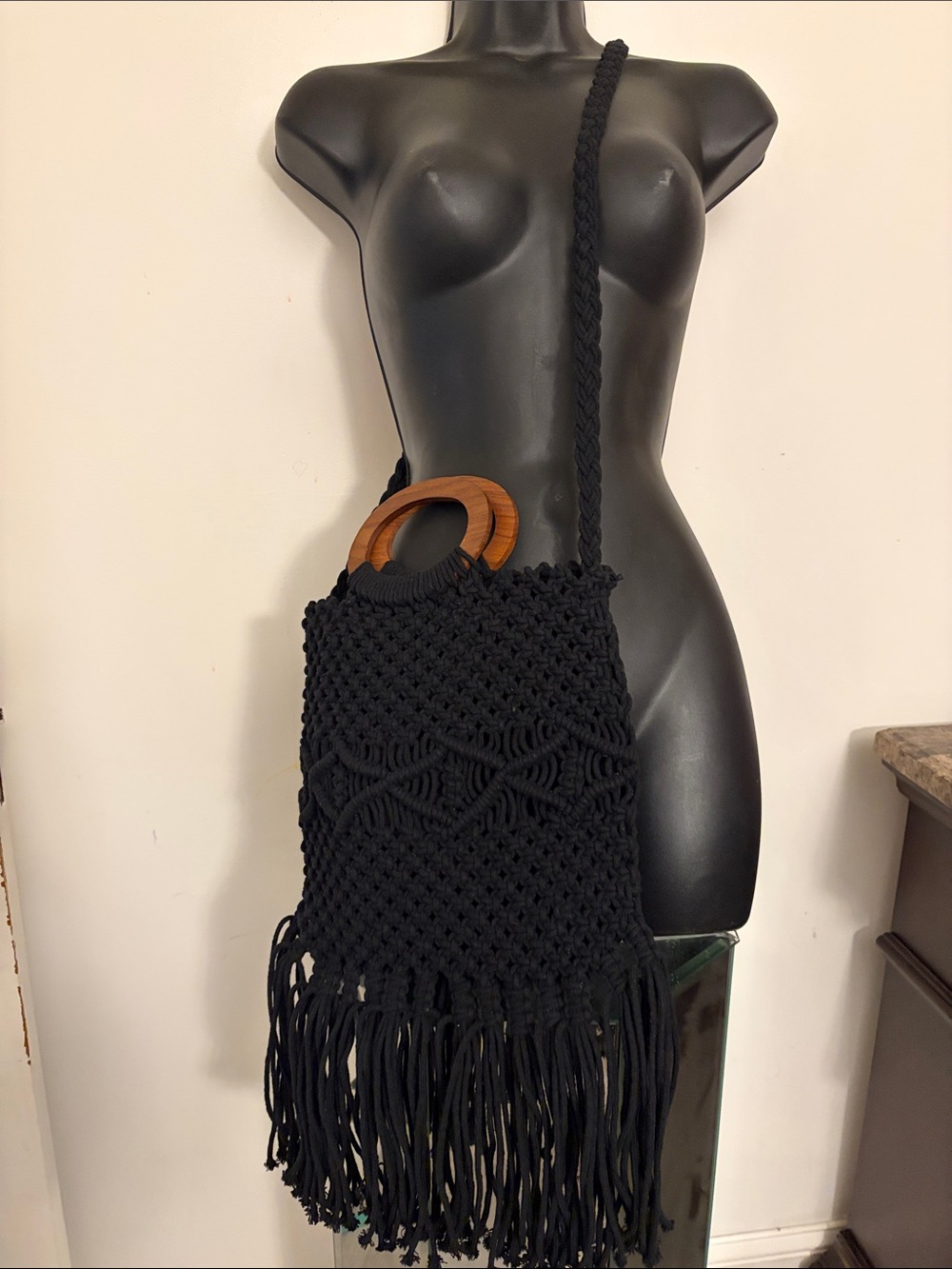 Handmade Black Macramé Fringe Shoulder Bag with Wooden Handles